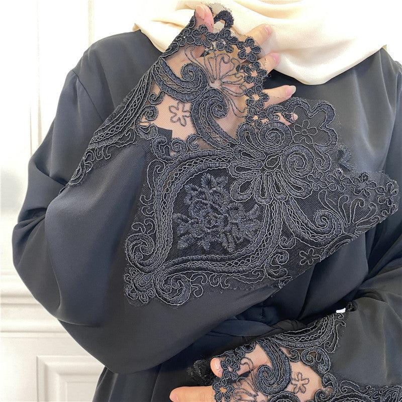 Floral Lace Elegance: Solid Color Hijab Dress - Trendy Mix