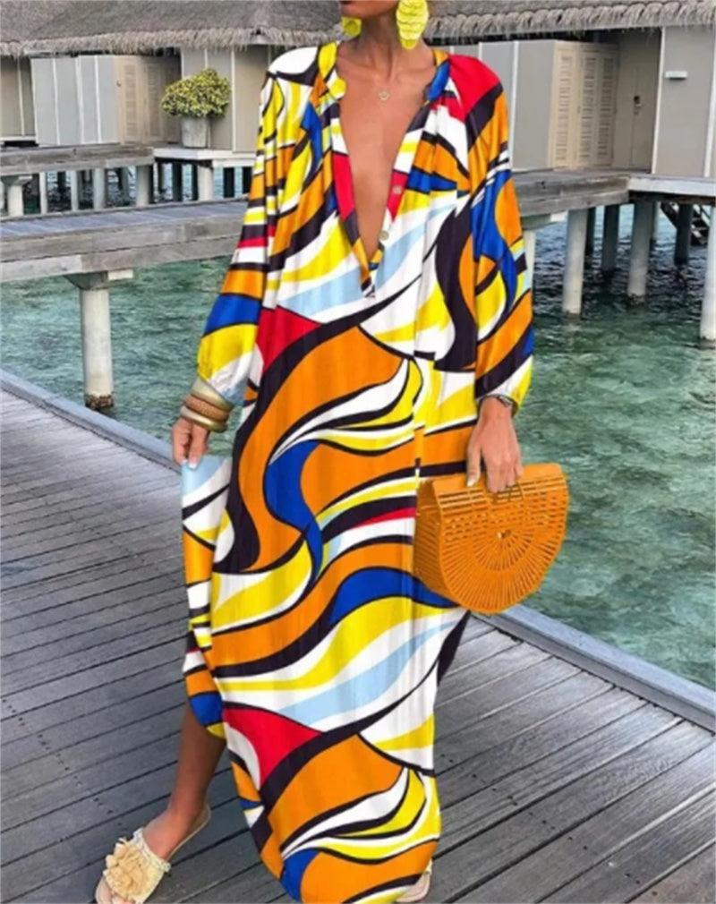 Printed Pullover Long Sleeve V-Neck Swing Loose Long Dress - Trendy Mix