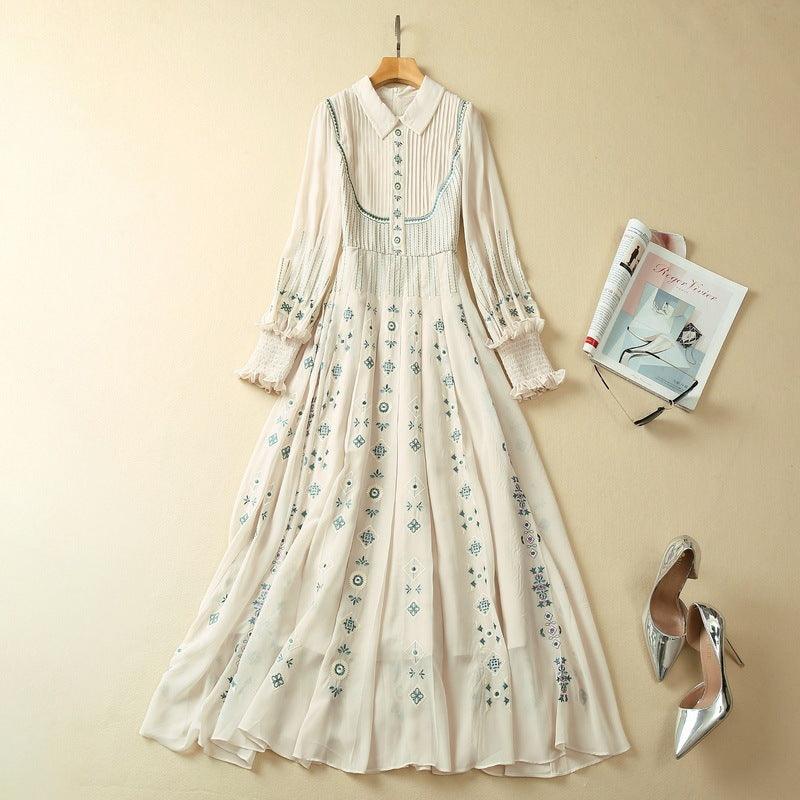 Heavy Industry Pleated Positioning Embroidery Lapel Long Sleeve Dress - Trendy Mix