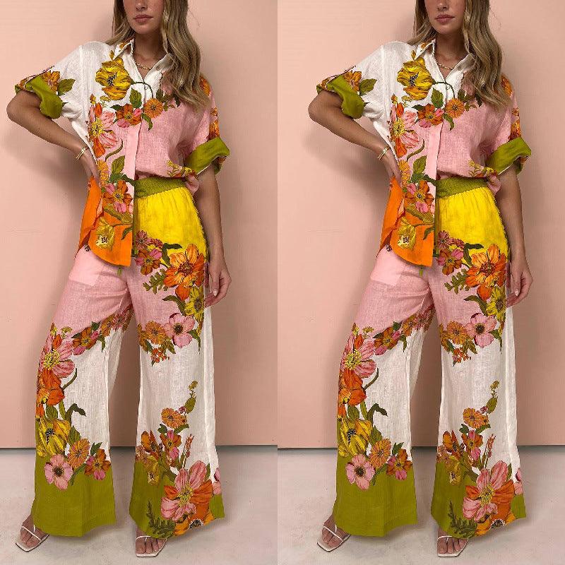 Printed Cotton And Linen Two-piece Suit Outfit Top Wide-leg Pants - Trendy Mix