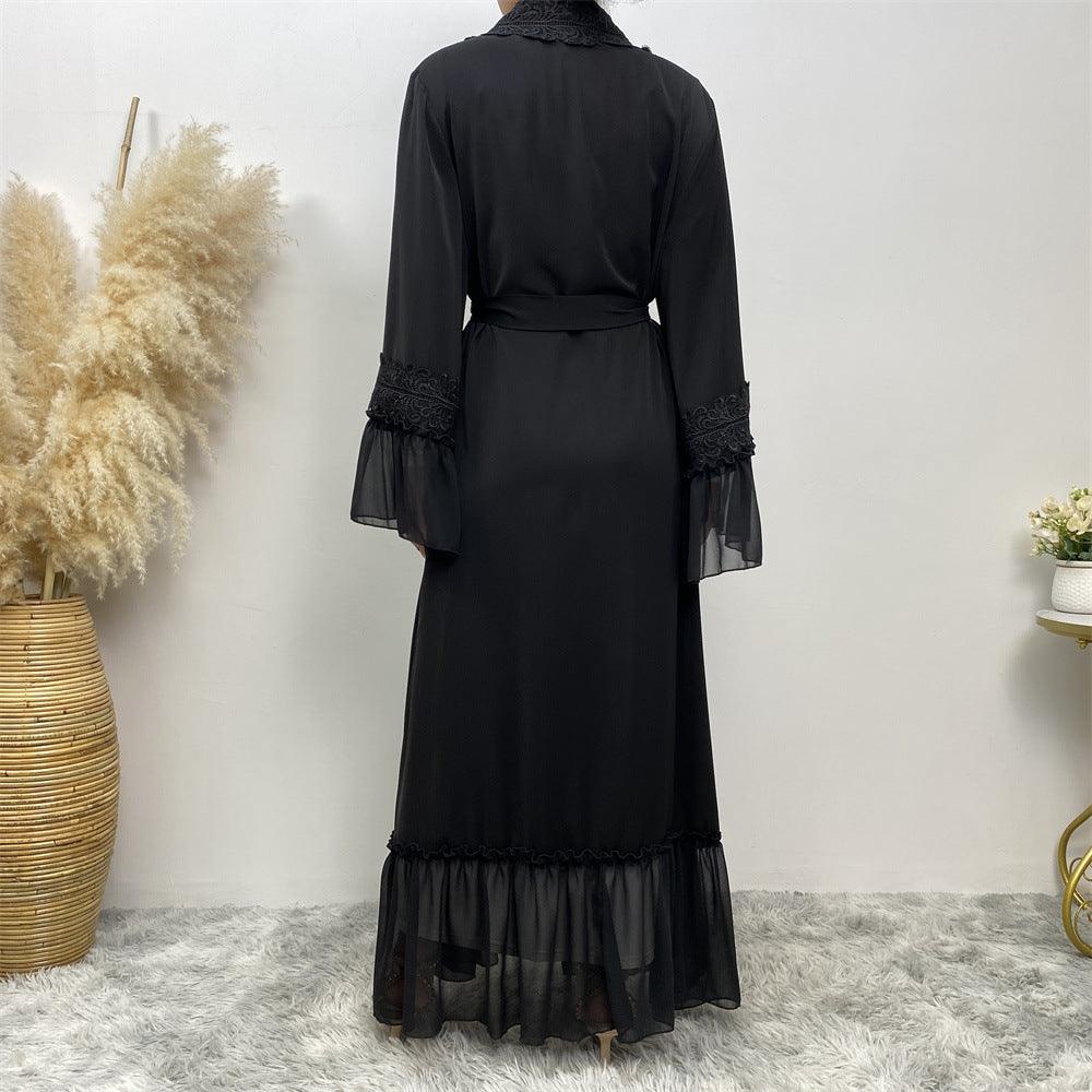 Elegant Black Floral Embroidered Lace-Up Muslim Cardigan Robe - Trendy Mix