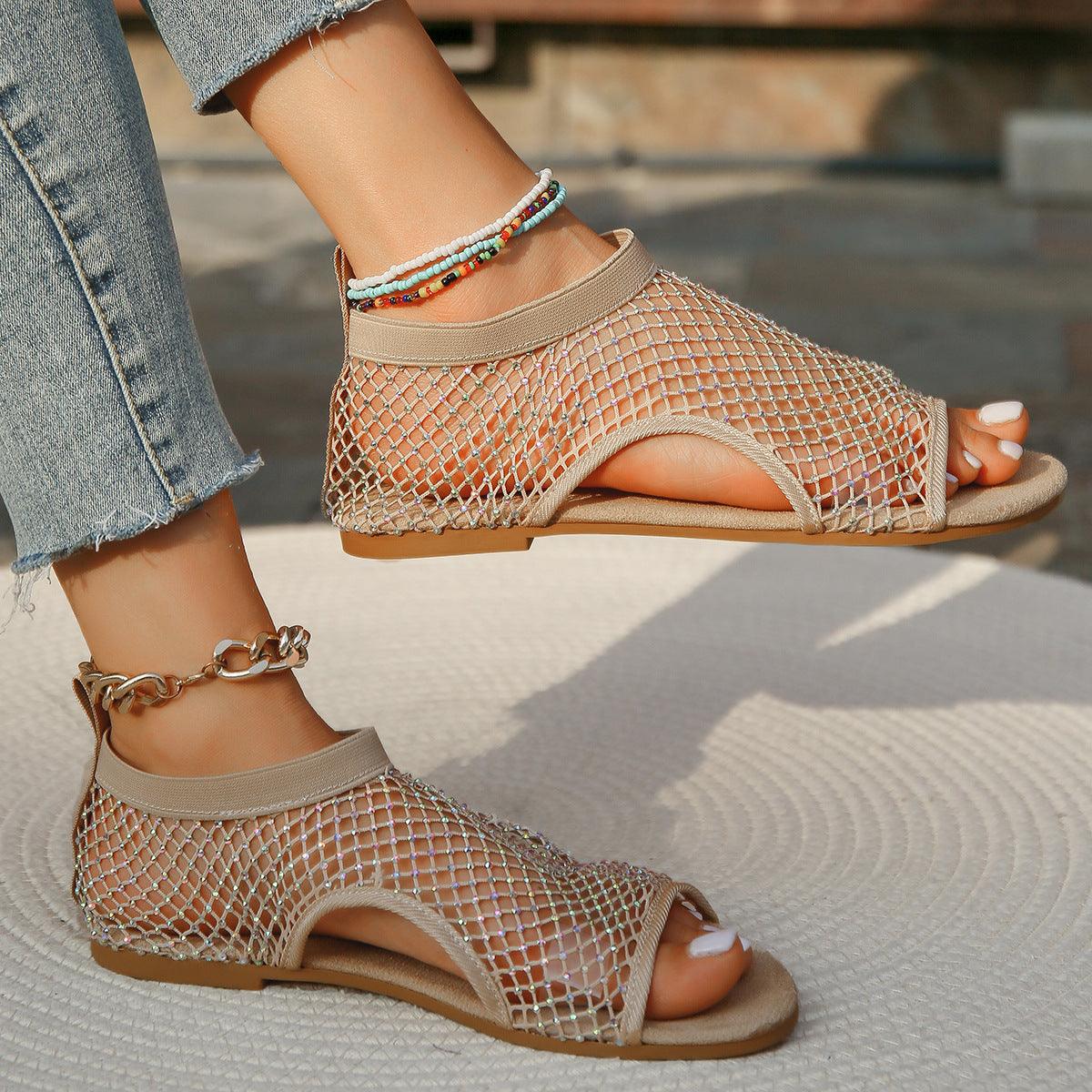 Chic Rhinestone-Embellished Open Toe Sandals with Hollow Design - Trendy Mix