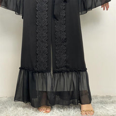 Elegant Black Floral Embroidered Lace-Up Muslim Cardigan Robe - Trendy Mix