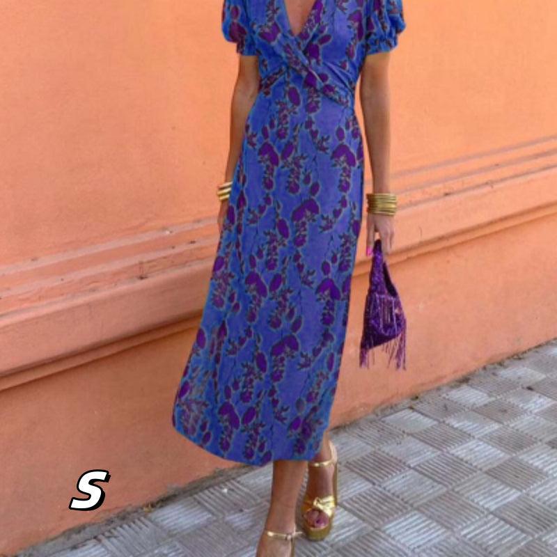 Women's Fashion Color Contrast Printed Long Elegant Slim V-neck Short Sleeve Dress - Trendy Mix