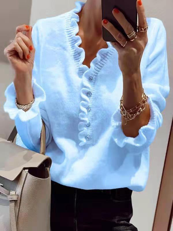 Long Sleeved Ruffled Women's Knitted Sweater