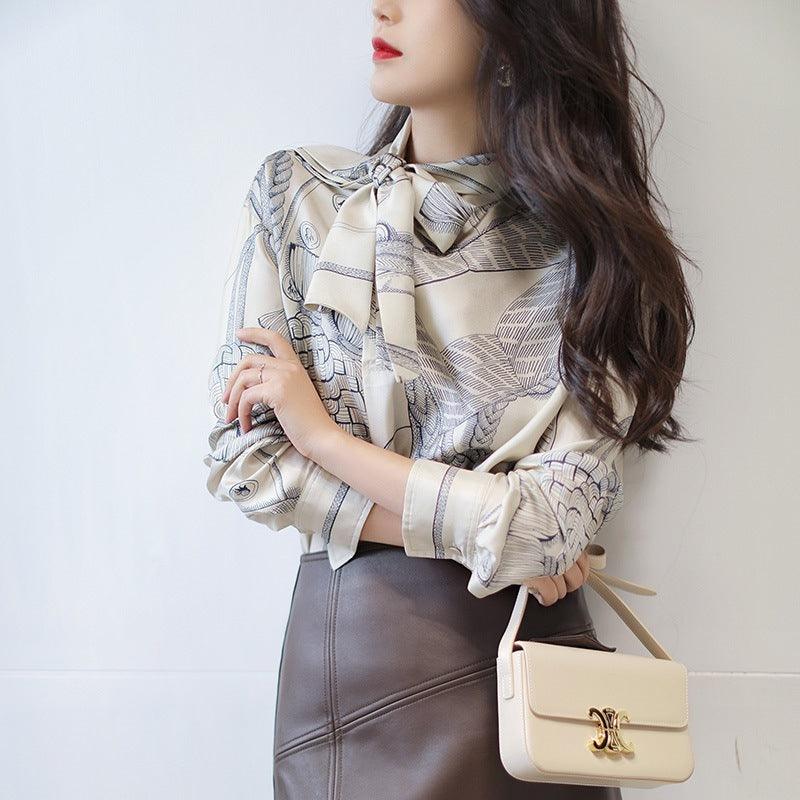 Bow Float Collar 16MM Twill Silk Printed Shirt Top - Trendy Mix