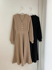 Waist-tight Slimming V-neckline Long Sleeve Mid-length Sweater Dress