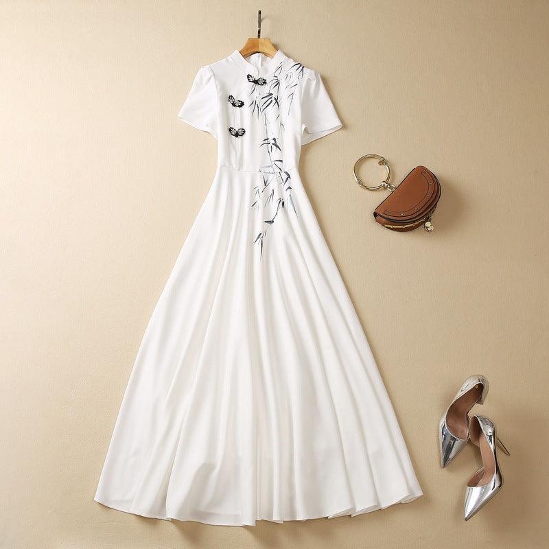 White Bamboo Leaf Printing New National Fashion Stand Collar Dress - Trendy Mix