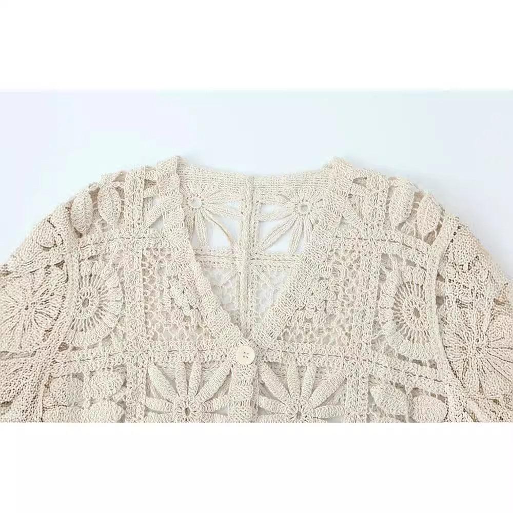 Women's Fashion Three-dimensional Hollow-out Crocheted V-neck Knitted Cardigan Wide-leg Lace Pants - Trendy Mix