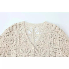 Women's Fashion Three-dimensional Hollow-out Crocheted V-neck Knitted Cardigan Wide-leg Lace Pants - Trendy Mix