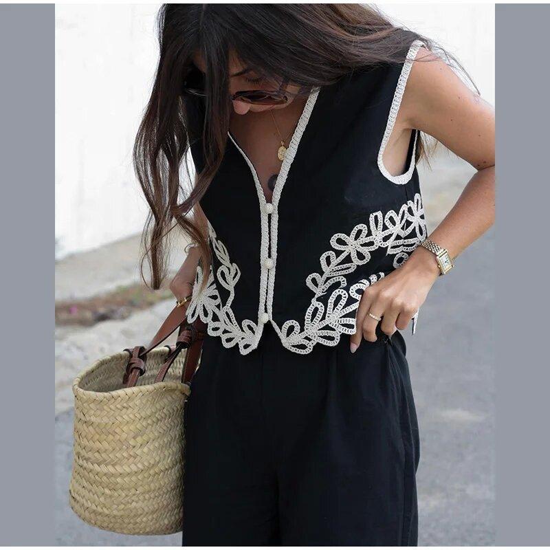 Women's Embroidery Short Vest Pants Suit - Trendy Mix