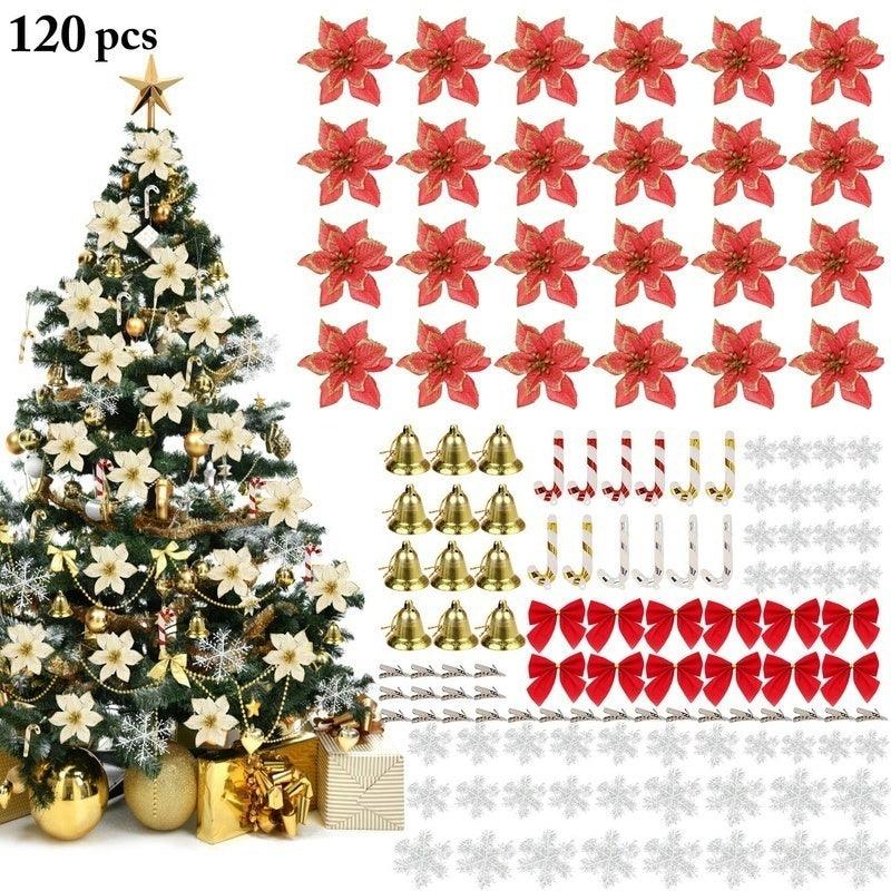 Festive 120-Piece Christmas Floral Decoration Set with Simulated Flowers and Ornaments - Trendy Mix