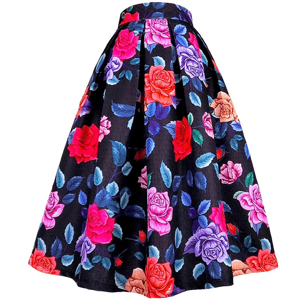 Red Flower Black A-Line Maxi Skirt - Trendy Mix