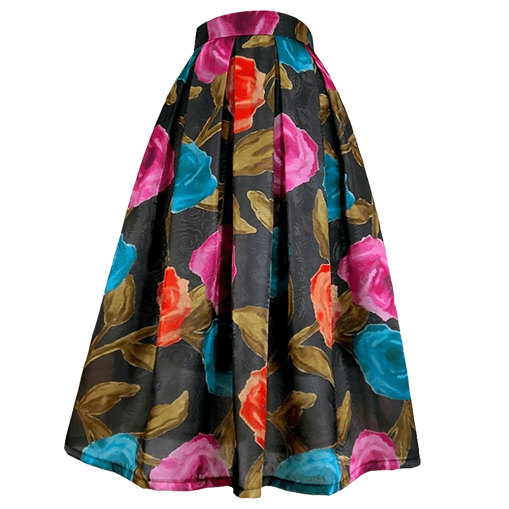 Red Flower Black A-Line Maxi Skirt - Trendy Mix
