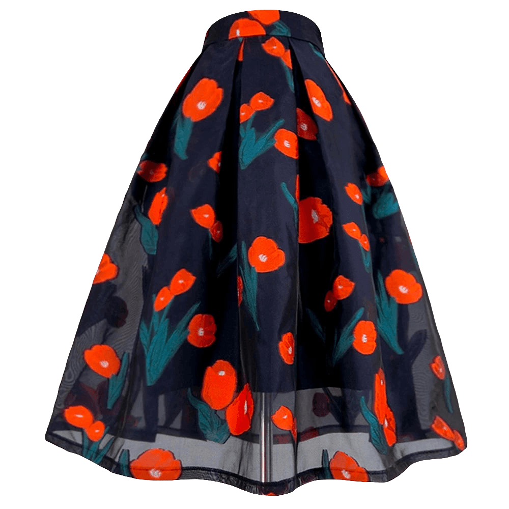Red Flower Black A-Line Maxi Skirt - Trendy Mix