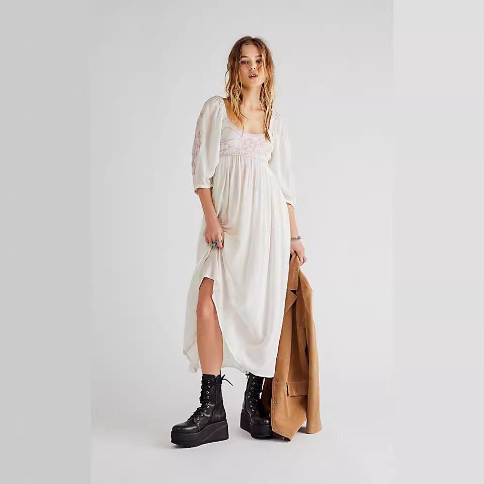 Vintage Bohemian Embroidered Dress for a Free-Spirited Vacation Style - Trendy Mix