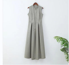 European And American Sleeveless V-neck Casual Waist Zipper Collar Dress - Trendy Mix