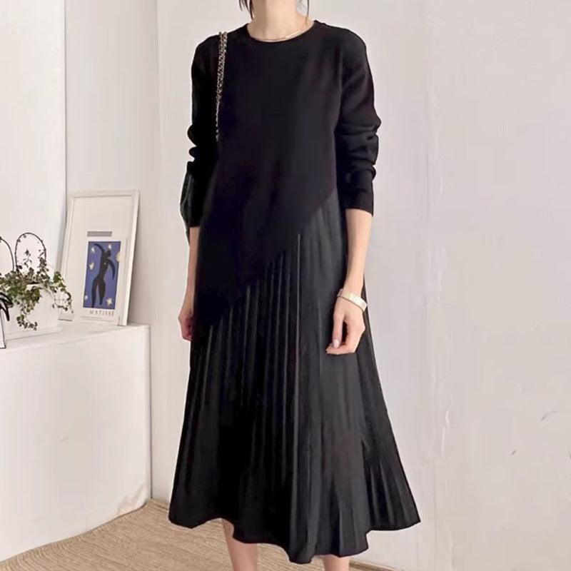 Retro Round Neck Patchwork Pleated Dress