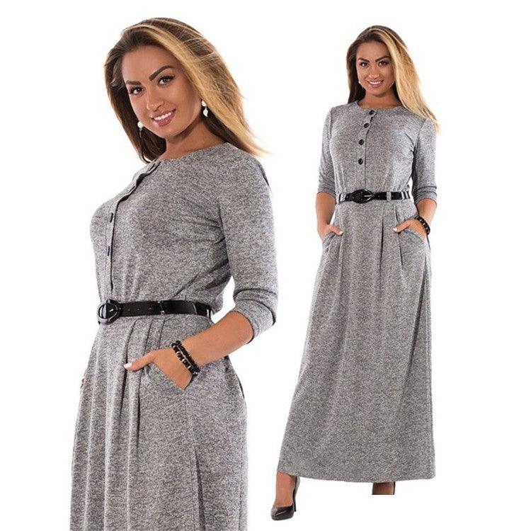 Autumn Clothes Plus Size Women's Clothes Dress Solid Color Long Sleeve High Waist Belt - Trendy Mix