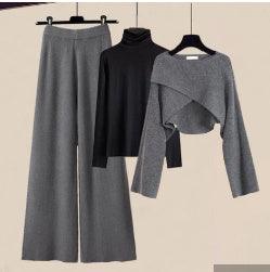 Knitted Sweater Shirt Wide Leg Pants Three-piece Set Autumn And Winter Suit Women - Trendy Mix