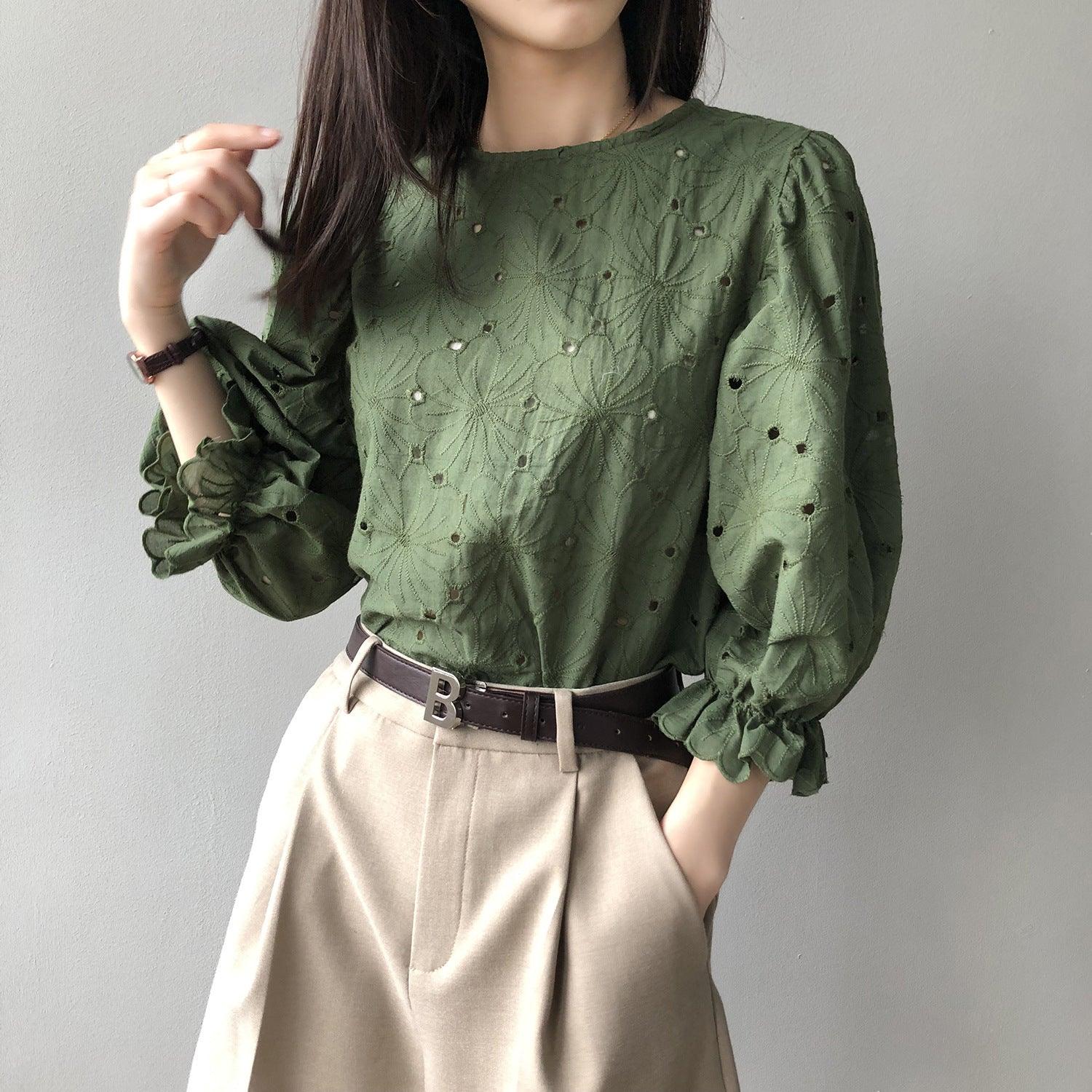 Korean Style Sweet Round Neck Puff Sleeve Shirt Top - Trendy Mix