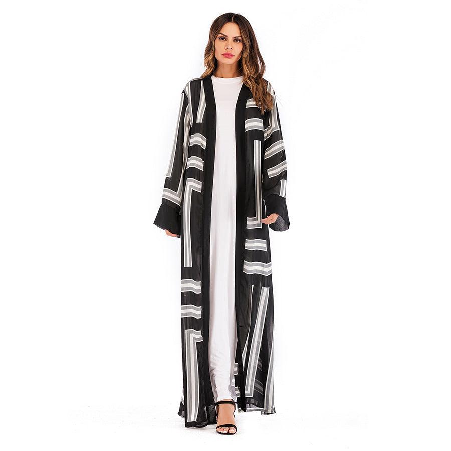 Muslim Checkered Loose Lace Cardigan Robe for Women - Trendy Mix