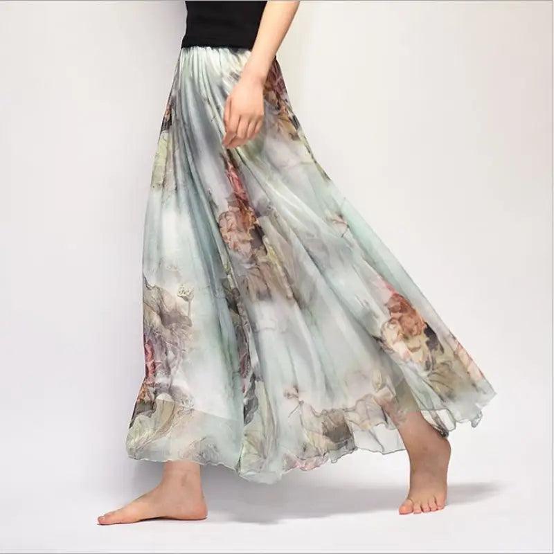 Bohemian Printed Chiffon Mid-length Skirt, Floral Skirt, A-line Skirt, Large Swing Female Skirt, Beach Long Skirt - Trendy Mix