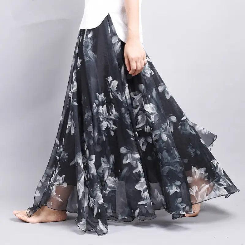 Bohemian Printed Chiffon Mid-length Skirt, Floral Skirt, A-line Skirt, Large Swing Female Skirt, Beach Long Skirt - Trendy Mix