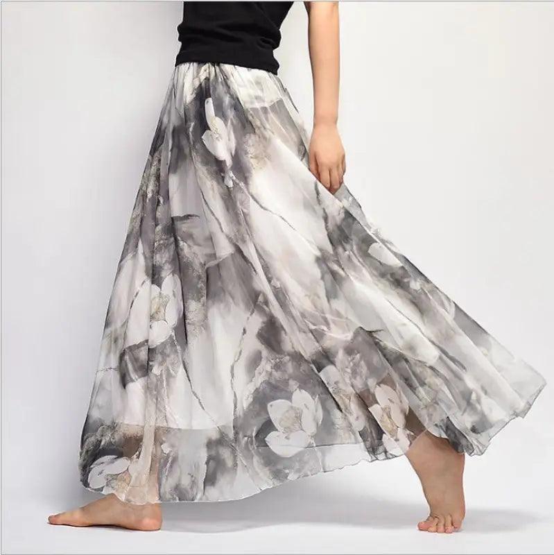 Bohemian Printed Chiffon Mid-length Skirt, Floral Skirt, A-line Skirt, Large Swing Female Skirt, Beach Long Skirt - Trendy Mix