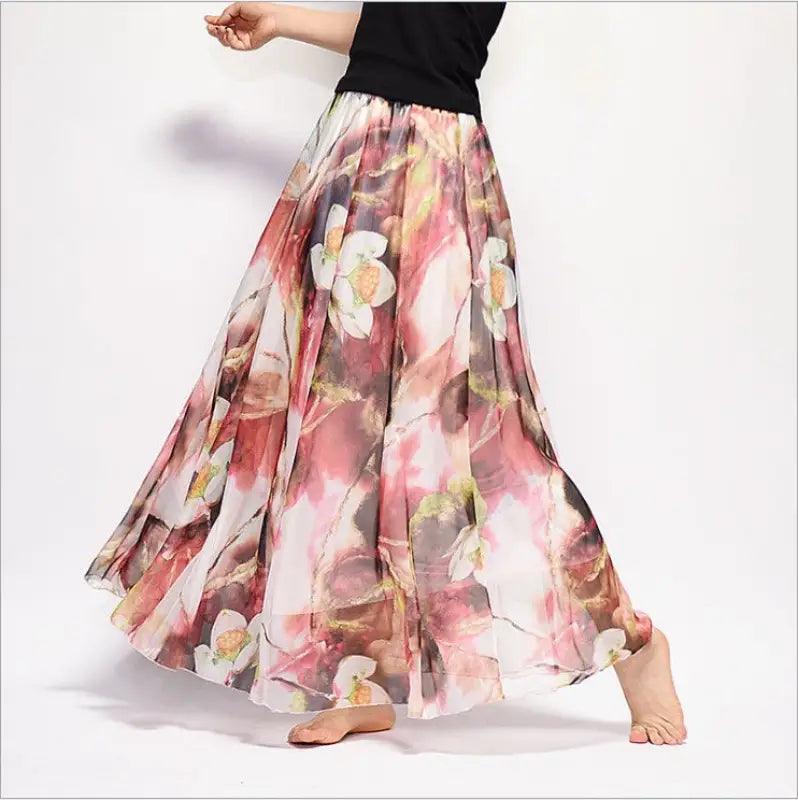 Bohemian Printed Chiffon Mid-length Skirt, Floral Skirt, A-line Skirt, Large Swing Female Skirt, Beach Long Skirt - Trendy Mix