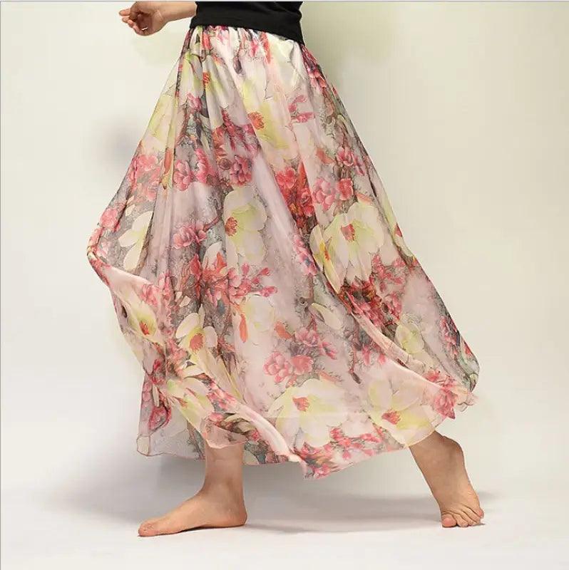 Bohemian Printed Chiffon Mid-length Skirt, Floral Skirt, A-line Skirt, Large Swing Female Skirt, Beach Long Skirt - Trendy Mix