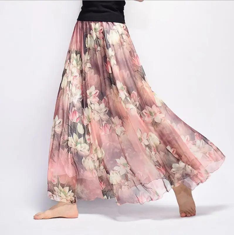 Bohemian Printed Chiffon Mid-length Skirt, Floral Skirt, A-line Skirt, Large Swing Female Skirt, Beach Long Skirt - Trendy Mix