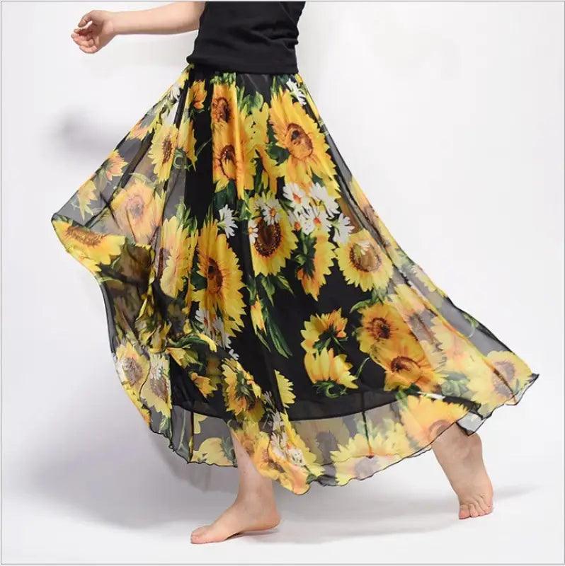 Bohemian Printed Chiffon Mid-length Skirt, Floral Skirt, A-line Skirt, Large Swing Female Skirt, Beach Long Skirt - Trendy Mix