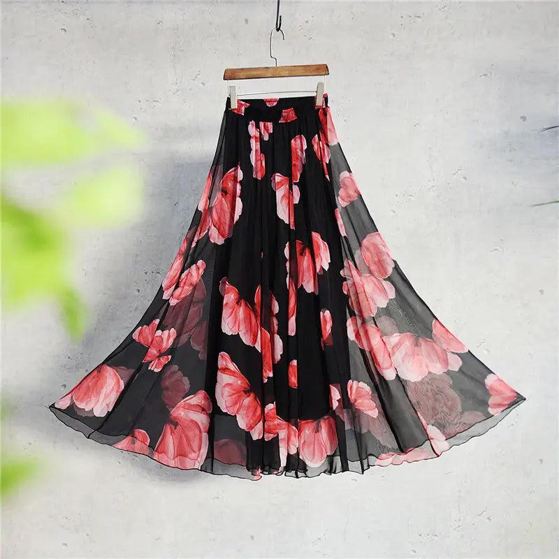 Bohemian Printed Chiffon Mid-length Skirt, Floral Skirt, A-line Skirt, Large Swing Female Skirt, Beach Long Skirt - Trendy Mix