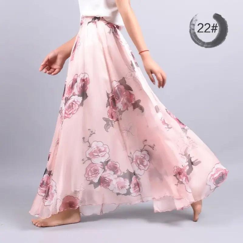 Bohemian Printed Chiffon Mid-length Skirt, Floral Skirt, A-line Skirt, Large Swing Female Skirt, Beach Long Skirt - Trendy Mix