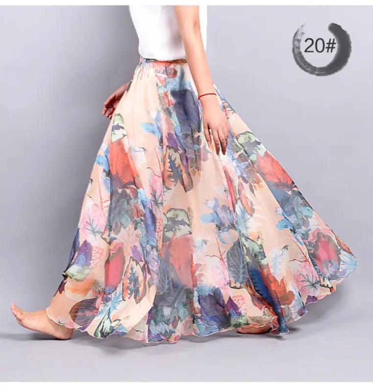 Bohemian Printed Chiffon Mid-length Skirt, Floral Skirt, A-line Skirt, Large Swing Female Skirt, Beach Long Skirt - Trendy Mix