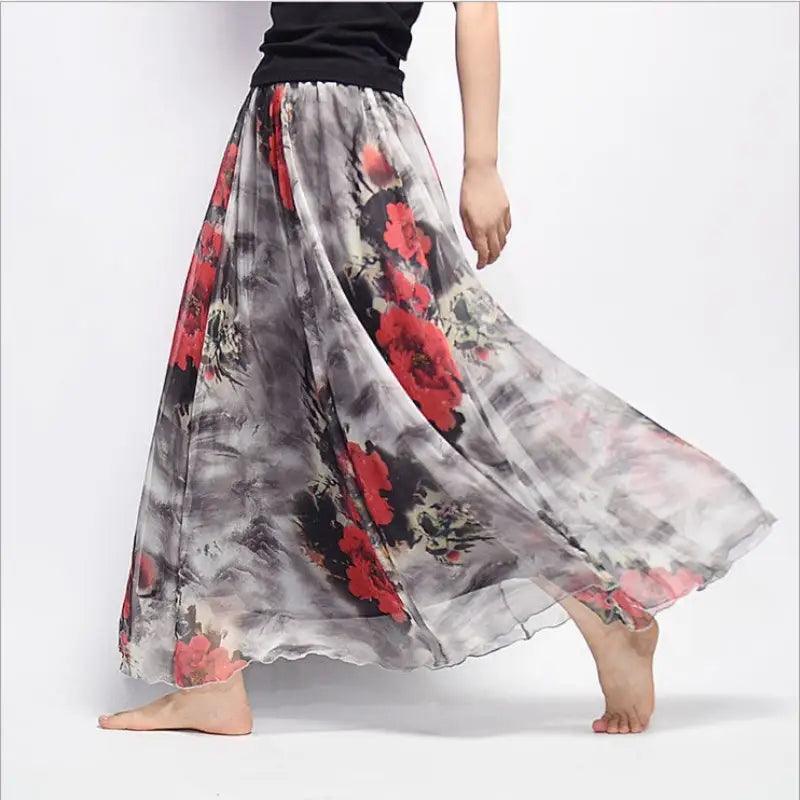 Bohemian Printed Chiffon Mid-length Skirt, Floral Skirt, A-line Skirt, Large Swing Female Skirt, Beach Long Skirt - Trendy Mix