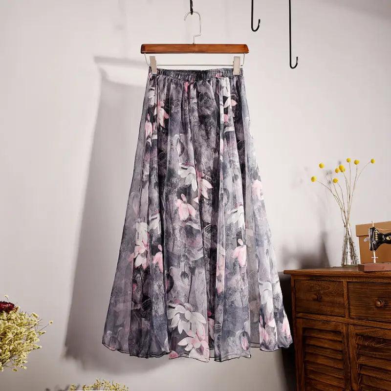 Bohemian Printed Chiffon Mid-length Skirt, Floral Skirt, A-line Skirt, Large Swing Female Skirt, Beach Long Skirt - Trendy Mix