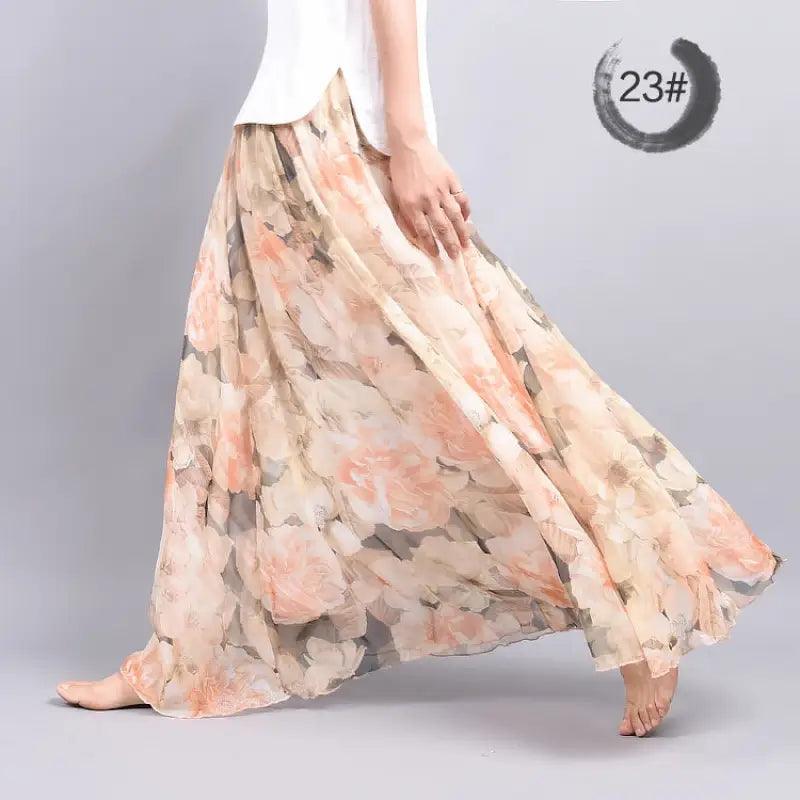 Bohemian Printed Chiffon Mid-length Skirt, Floral Skirt, A-line Skirt, Large Swing Female Skirt, Beach Long Skirt - Trendy Mix