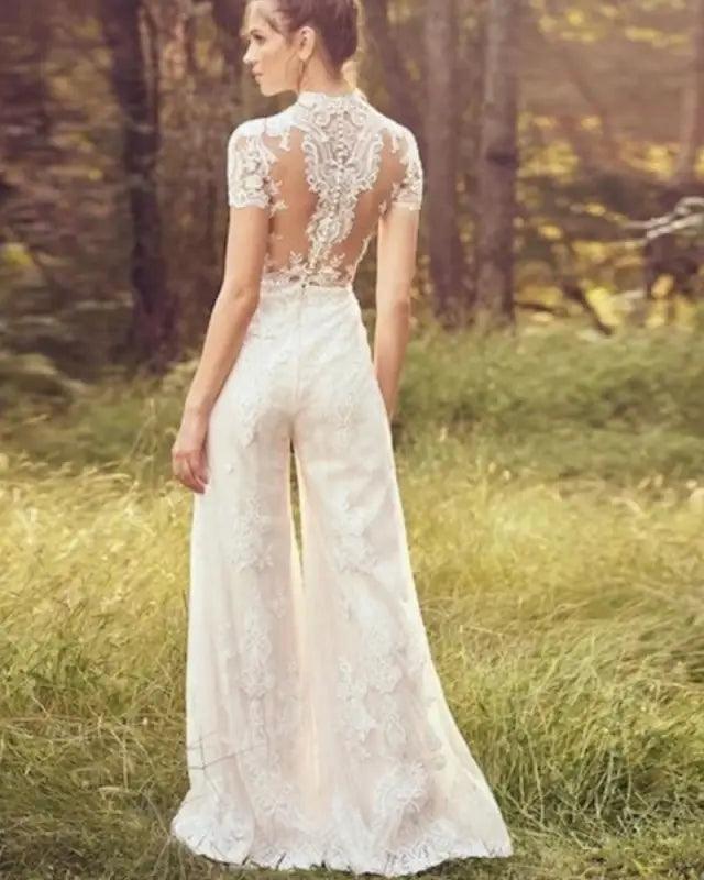 Elegant White Bridal Jumpsuit with Short Sleeves for Weddings - Trendy Mix