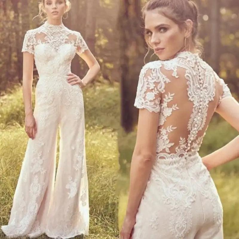 Elegant White Bridal Jumpsuit with Short Sleeves for Weddings - Trendy Mix