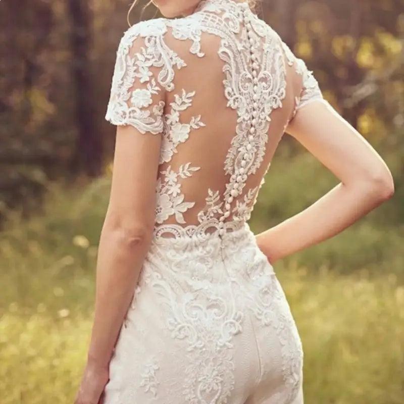 Elegant White Bridal Jumpsuit with Short Sleeves for Weddings - Trendy Mix