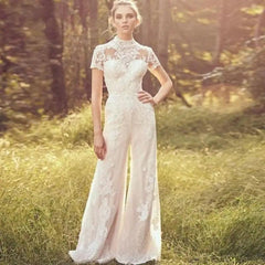 Elegant White Bridal Jumpsuit with Short Sleeves for Weddings - Trendy Mix