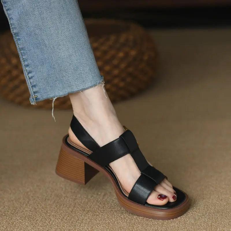 Vintage British One-Way Sandals with T-Buckle Design - Trendy Mix