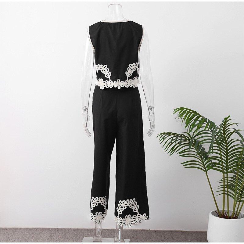 Women's Embroidery Short Vest Pants Suit - Trendy Mix