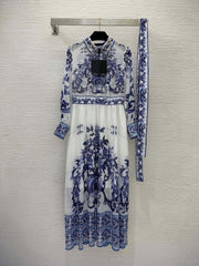 Blue And White Porcelain Printed Long Sleeve Big Hem Waist Slimming Dress - Trendy Mix