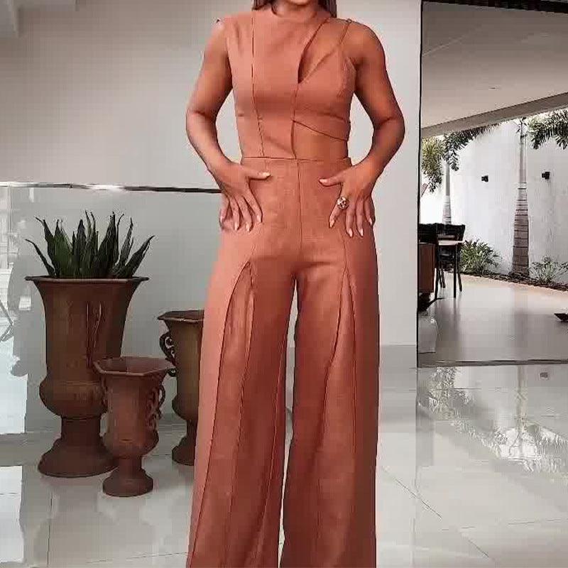 Chic Sleeveless High Waist Wide Leg Jumpsuit with Hollow Out Design in Light Brown - Trendy Mix