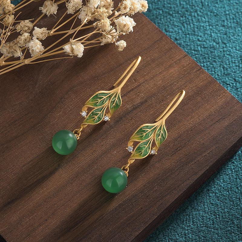 Classical Cheongsam Accessories Gold Plated Enamel Leaf Earrings - Trendy Mix