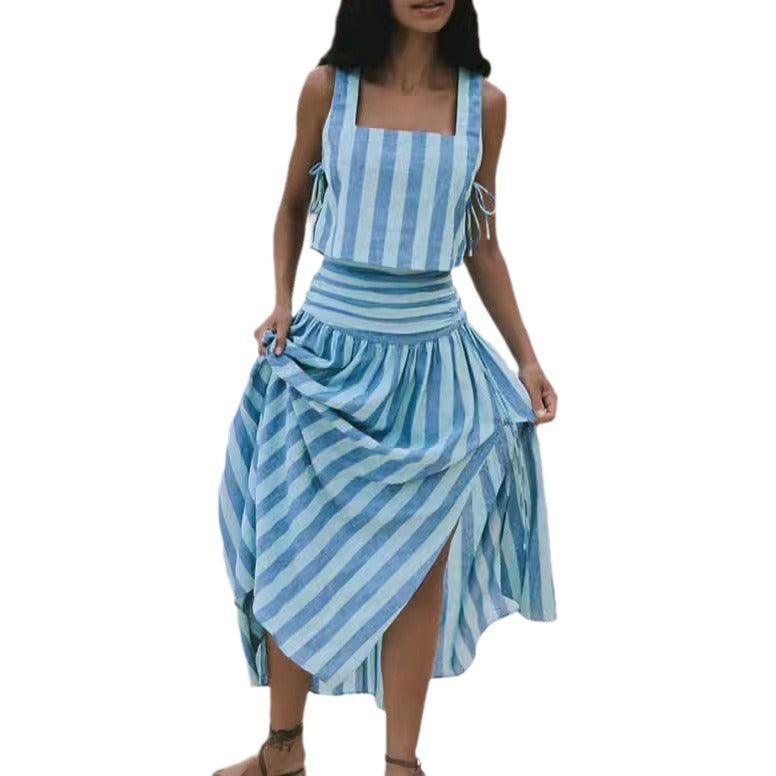 Blue Striped Retro Elegant Slimming Style Large Swing Skirt - Trendy Mix