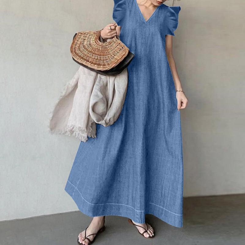 Denim Solid Color V-neck Bohemian Loose Large Size Long Dress - Trendy Mix